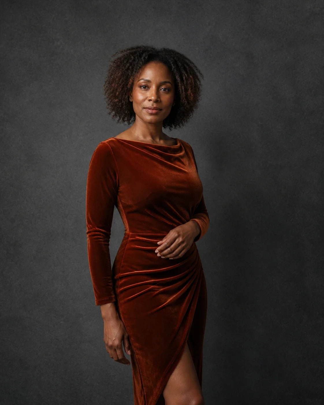 Woman in rust velvet dress photographed against charcoal vintage painted texture backdrop