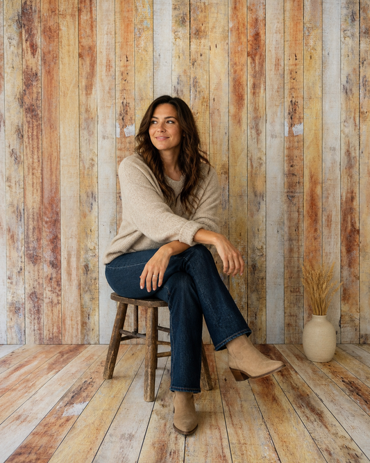 Editorial portrait styled with the Warm Rustic Wood Wall and Floor photography backdrop