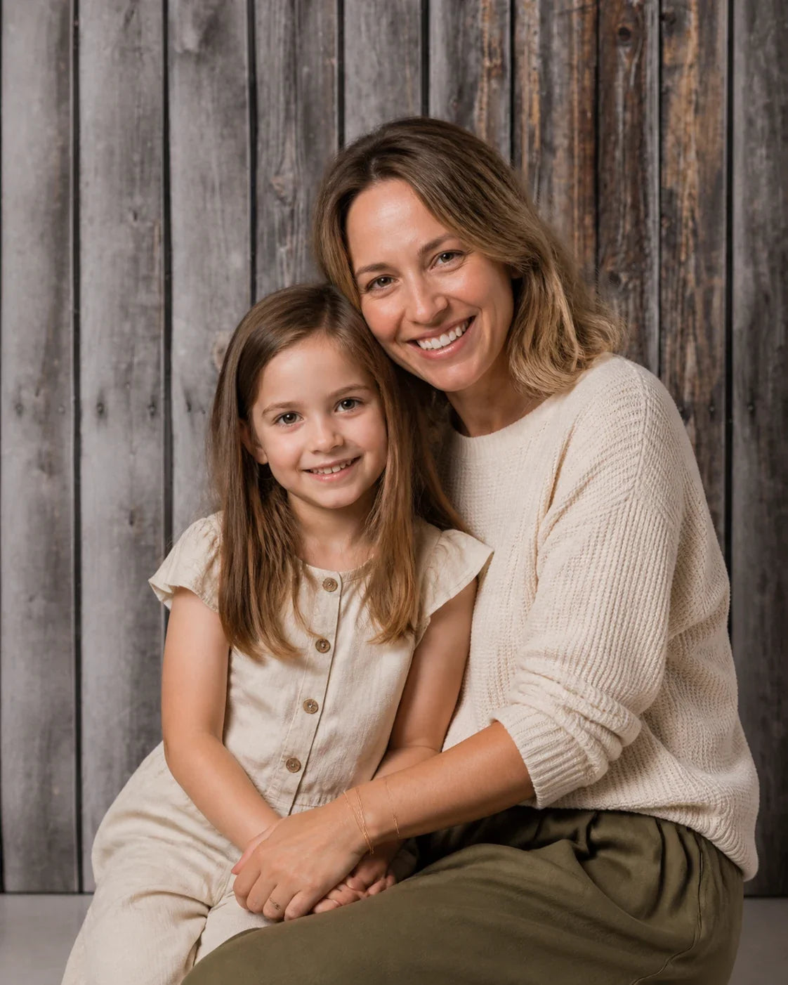 Styled mother-and-daughter portrait with a grey and brown vertical wood plank printed photography backdrop