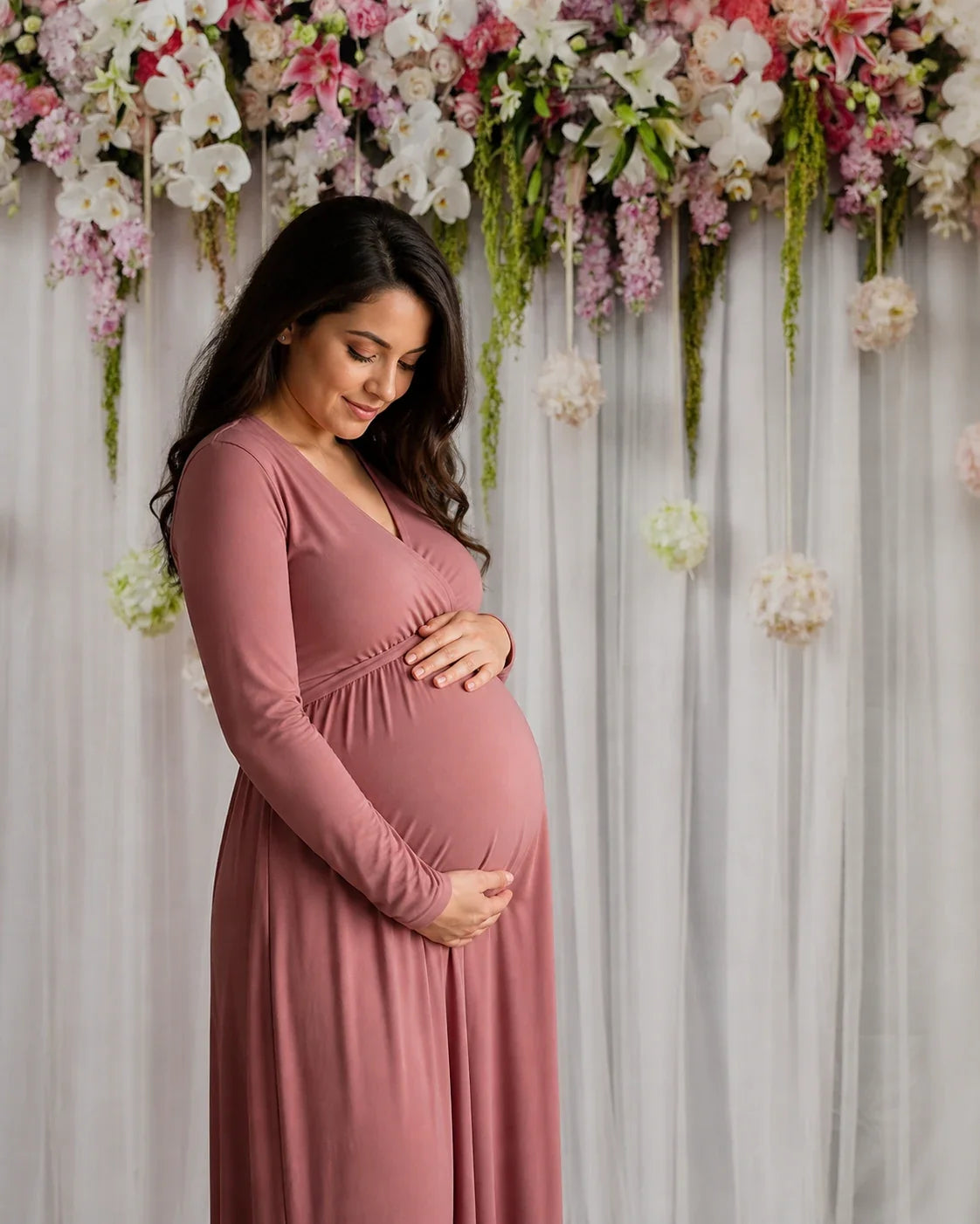 Styled maternity portrait with White Curtain and Floral photography backdrop