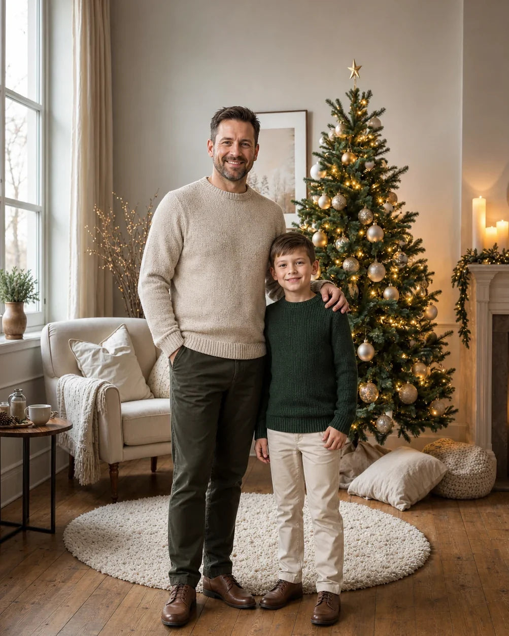 Father and son photographed in white and gold ornament Christmas tree living room backdrop