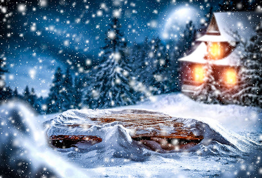 Chiefbackdrop™ Alight House in the Snow Background Christmas Bokeh Backdrop