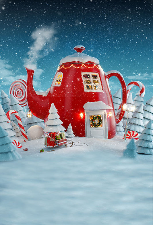 Chiefbackdrop™ Cartoon Red Kettle House in the Snow Background Christmas Backdrop for Children