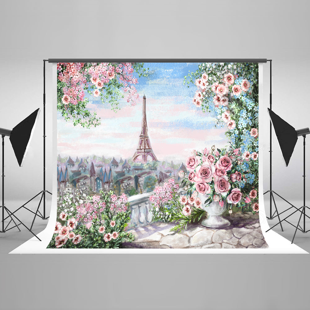 Painting Flowers And The Eiffiel Tower Scenic Backdrops | Chiefbackdrop HJ03190