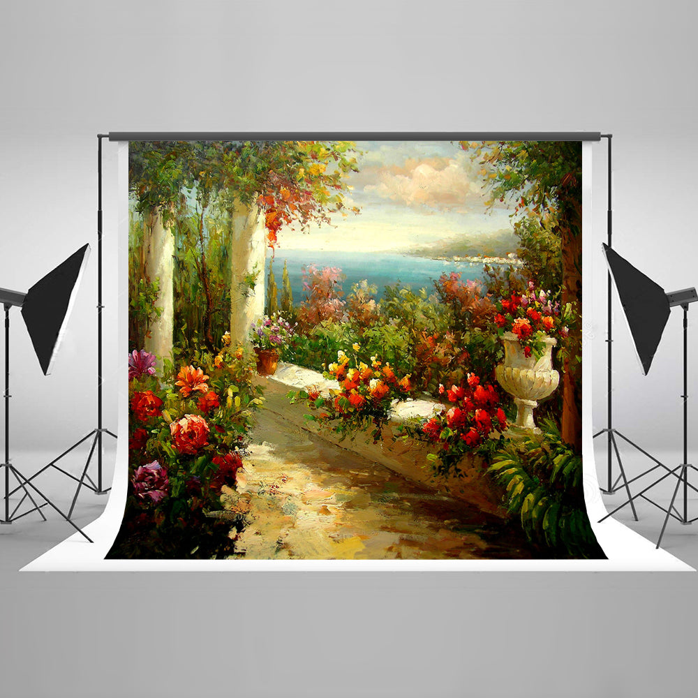 Beautiful Garden Near The Beach Painting Background Scenic Backdrops | Chiefbackdrop HJ03737