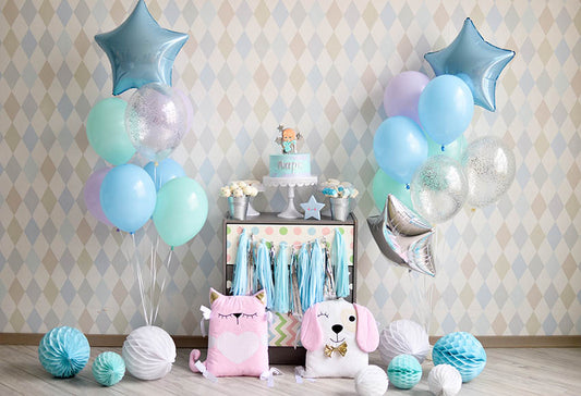 Chiefbackdrop™ Light Blue Balloons and Flowers Set Birthday Backdrops for Children