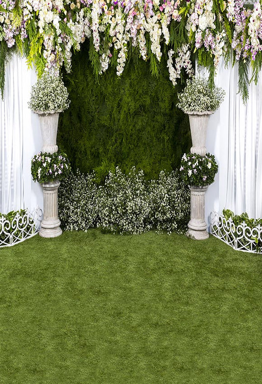 Chiefbackdrop™ Wedding Backdrops Green Background with Flowers and White Curtain
