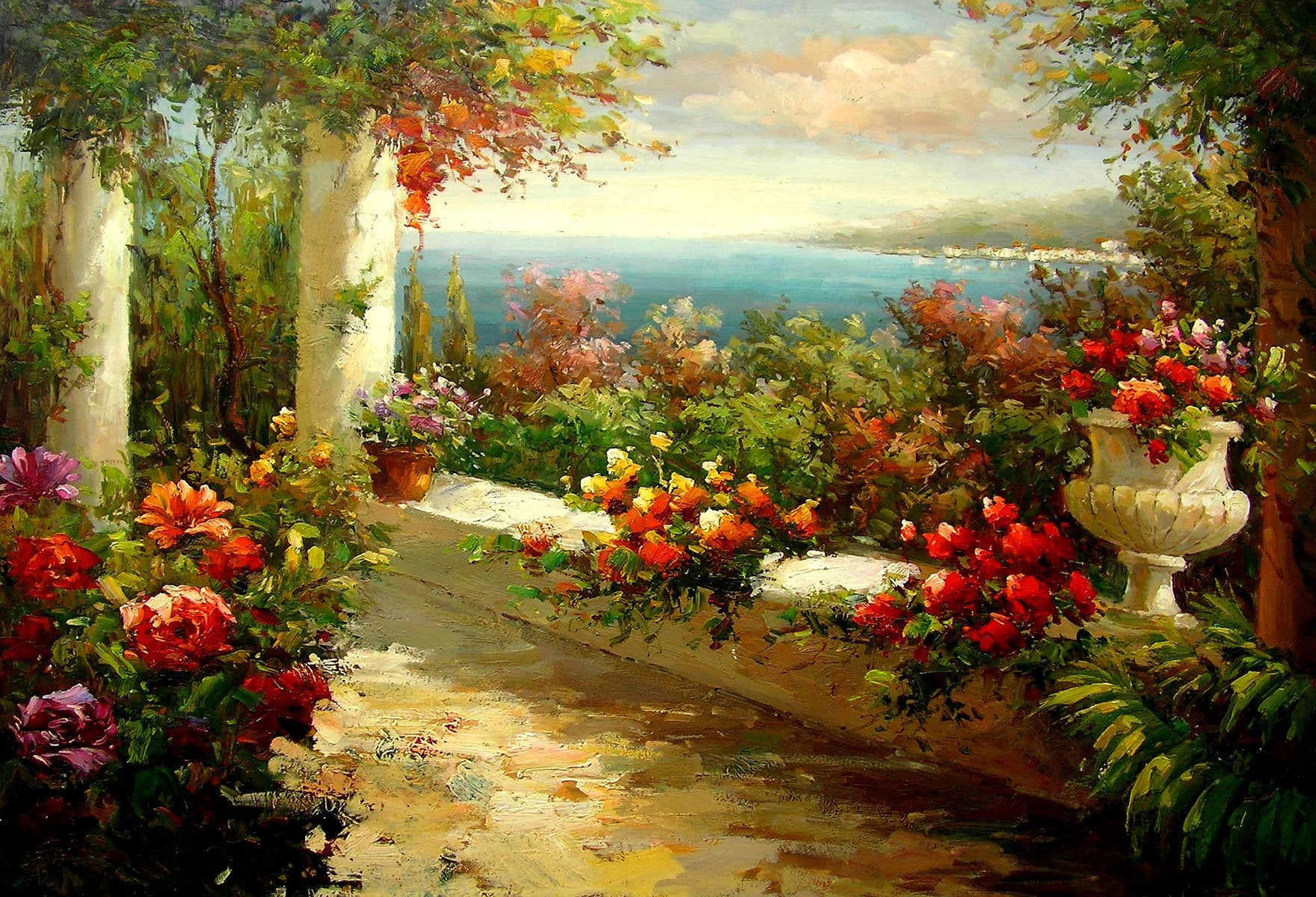 Beautiful Garden Near The Beach Painting Background Scenic Backdrops | Chiefbackdrop