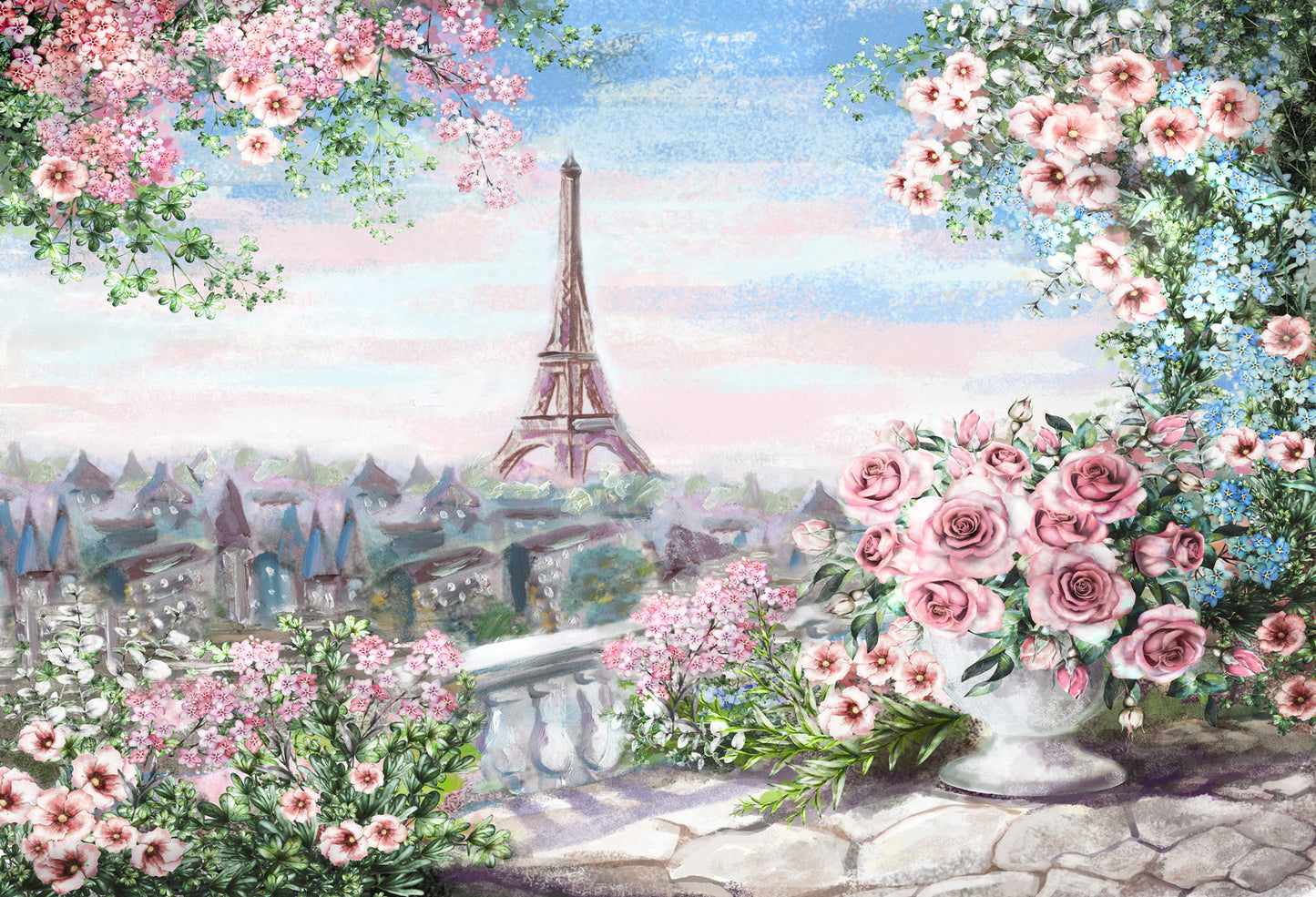 Painting Flowers And The Eiffiel Tower Scenic Backdrops | Chiefbackdrop HJ03190