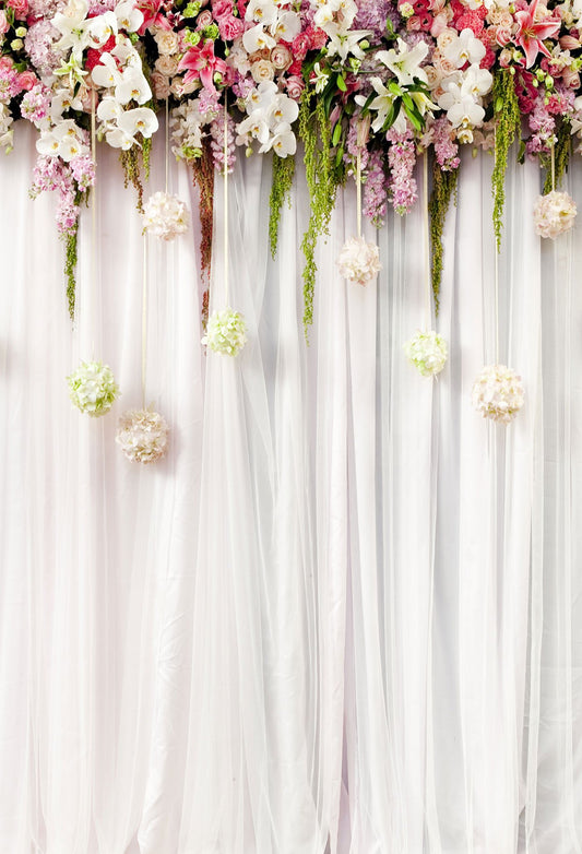 White Curtain Backdrop With Flower Decorations For Photography | Chiefbackdrop